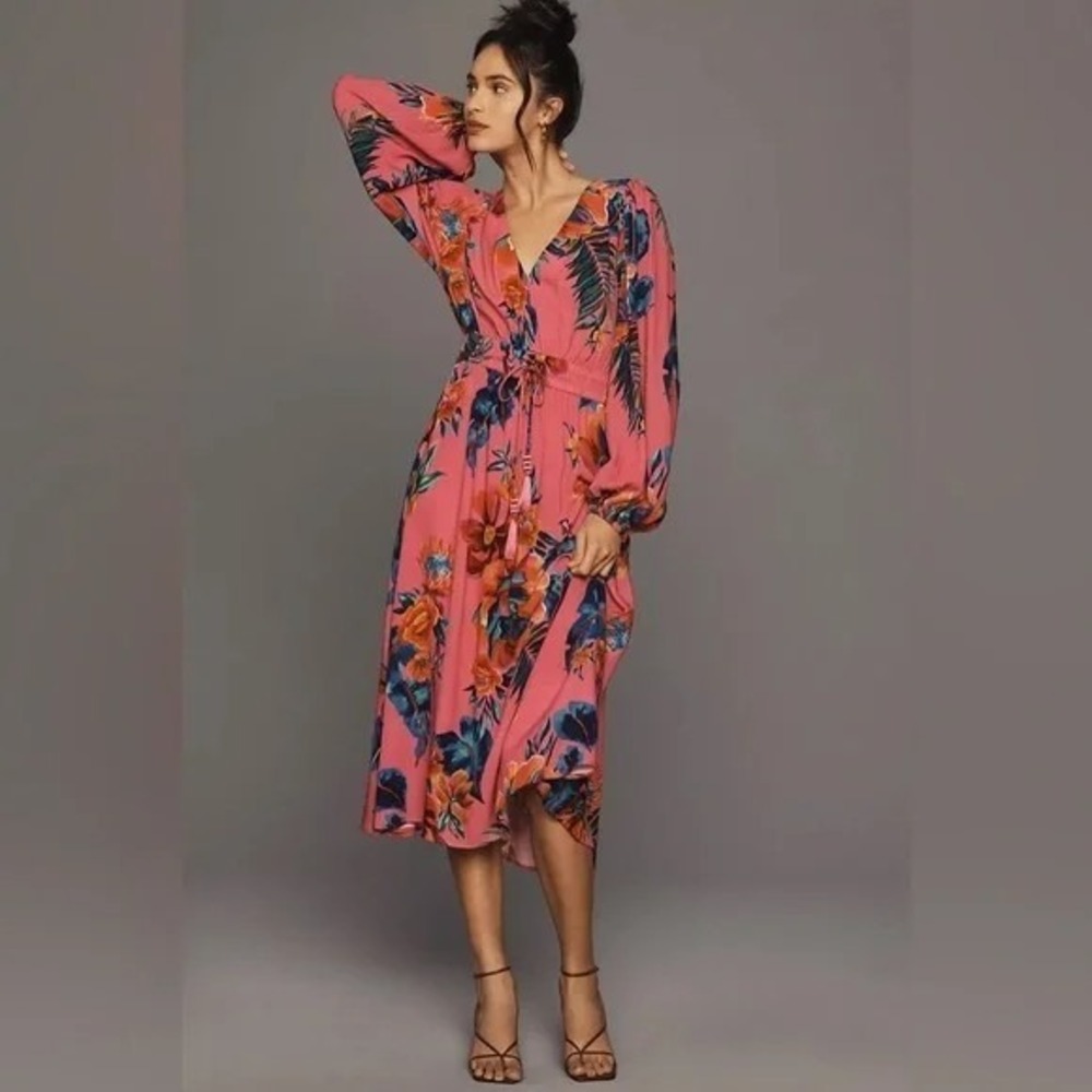 Farm Rio V-Neck Long Sleeve Floral Midi Dress Boho Tropical Pink Sz L B39 - Picture 2 of 15
